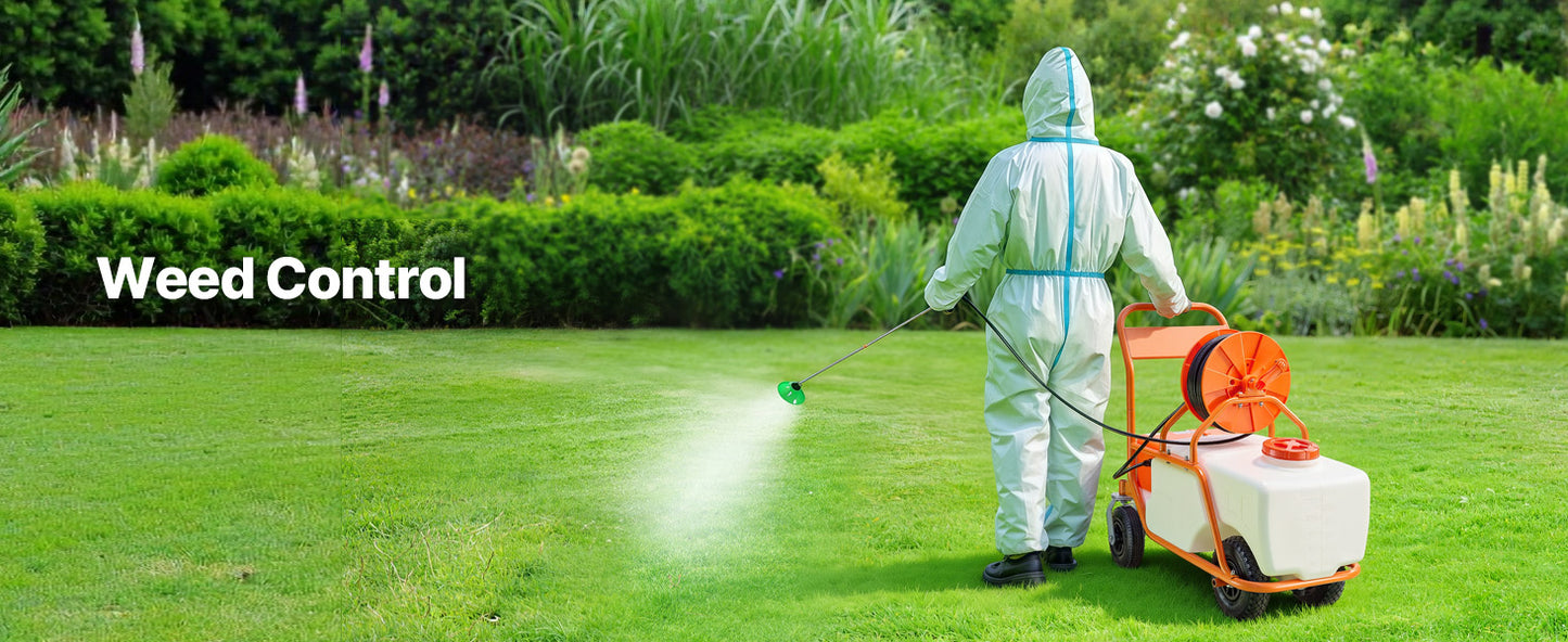 SucceBuy Battery Powered Garden Sprayer With Wheeled Cart Hose Reel