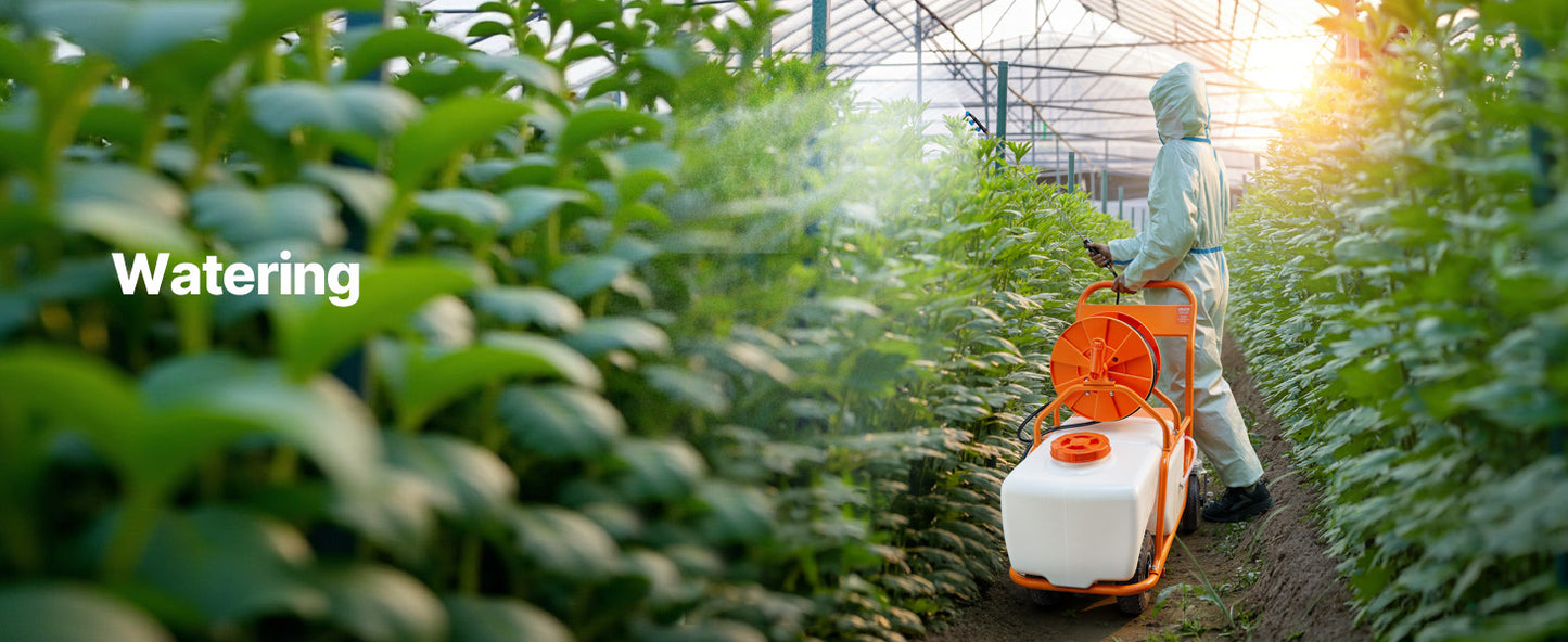 SucceBuy Battery Powered Garden Sprayer With Wheeled Cart Hose Reel