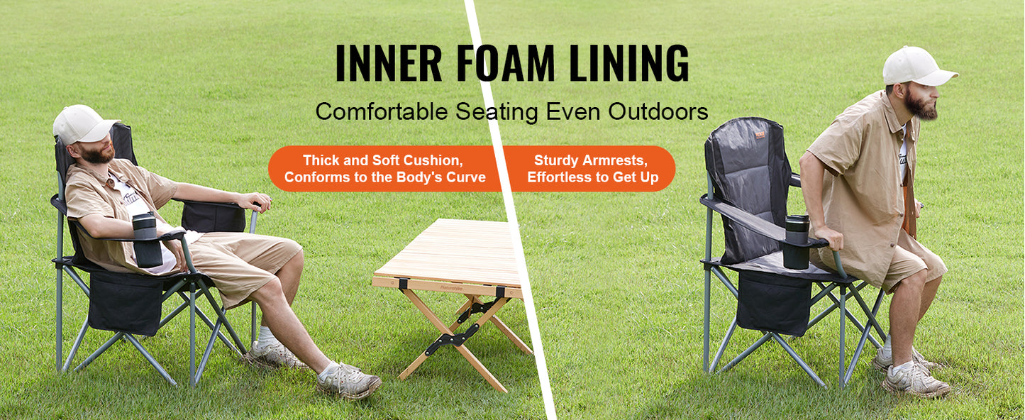 VEVOR Camping Folding Chair For Adults Quad Lumbar Back Padded With Side Pockets