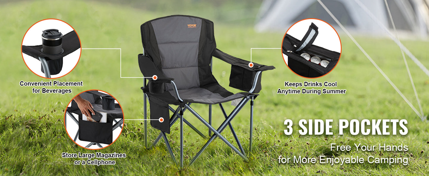 VEVOR Camping Folding Chair For Adults Quad Lumbar Back Padded With Side Pockets