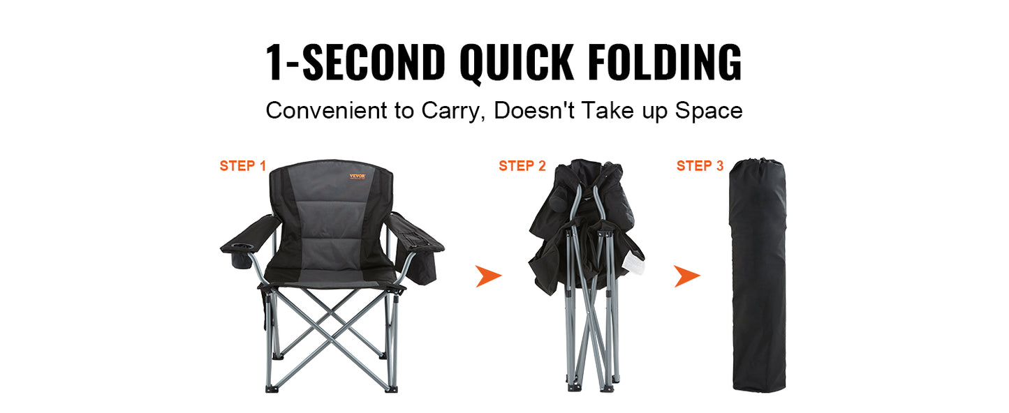 VEVOR Camping Folding Chair For Adults Quad Lumbar Back Padded With Side Pockets