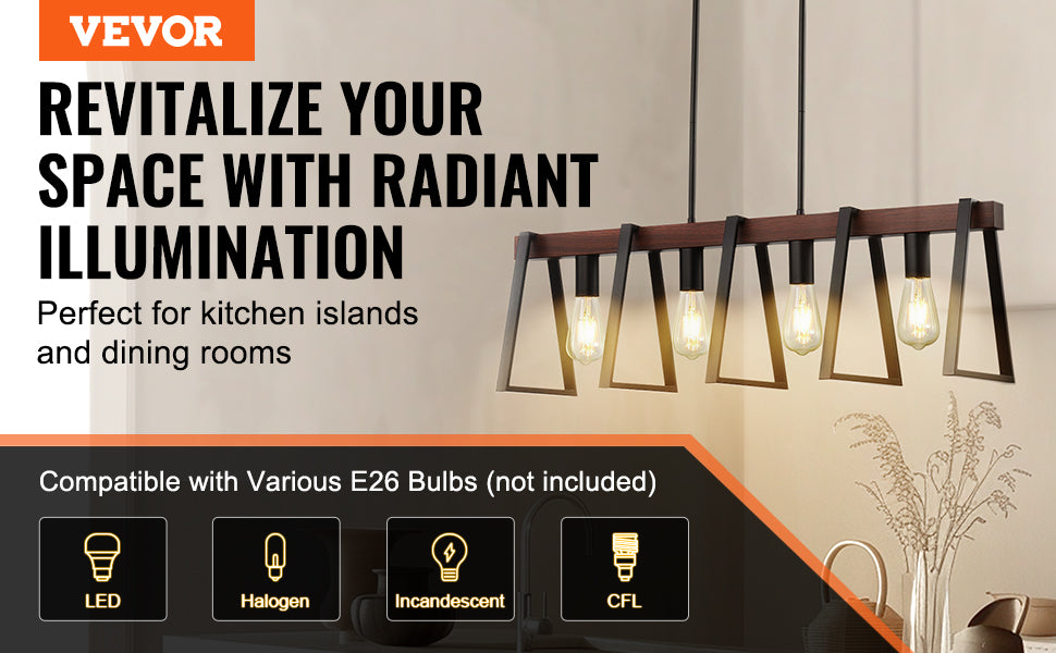 4 Light Kitchen Island Pendant Lights 60W Industrial Farmhouse Frame