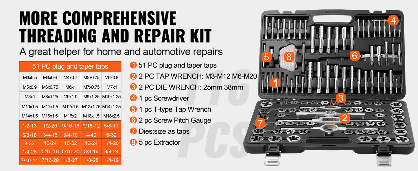 SucceBuy Tap And Die Set Bearing Steel Metalworking Threading Tools