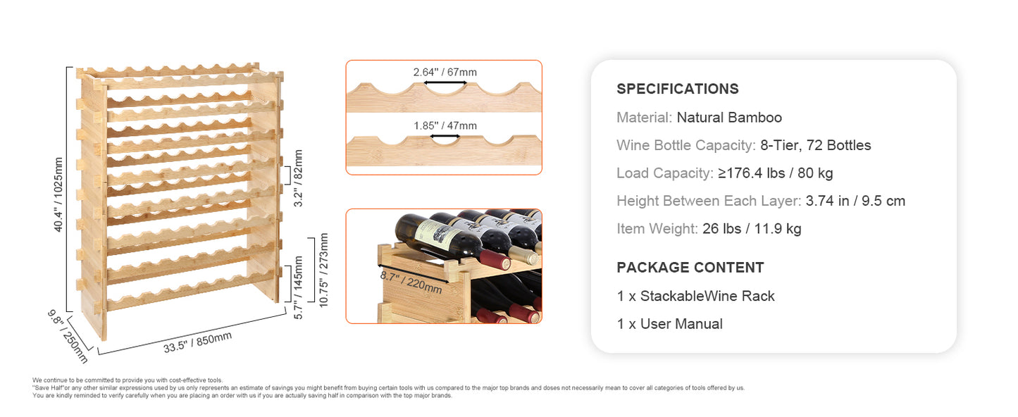 SucceBuy Bamboo 8 Tier Stackable Wine Rack Free Standing Storage