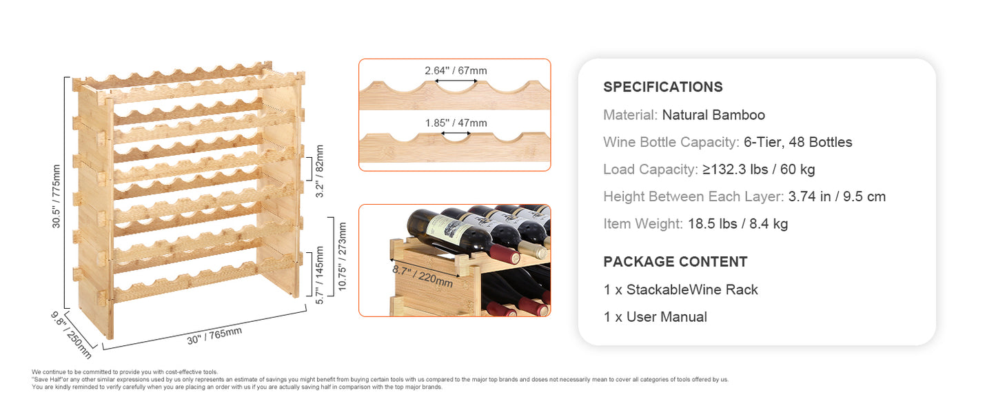 SucceBuy Bamboo 8 Tier Stackable Wine Rack Free Standing Storage